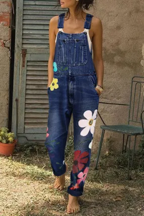 Printed Pockets Denim Jumpsuit