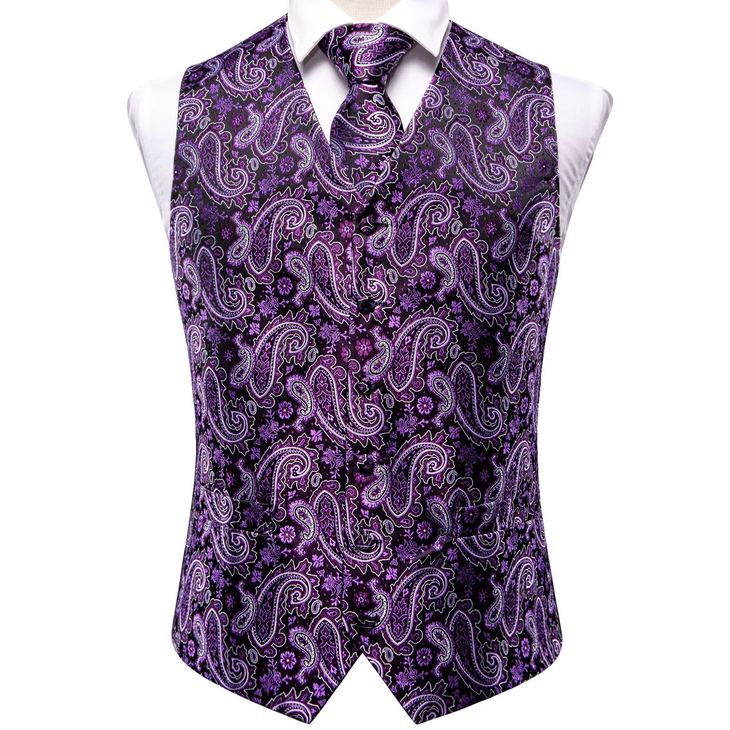 Purple Paisley Floral Silk Men's Vest Hanky Cufflinks Tie Set Waistcoat Suit Set