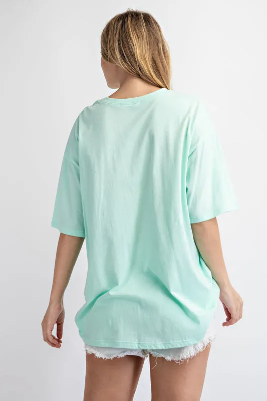 Rae Mode Washed Cotton Round Neckline Top (Tiffany Blue & White)