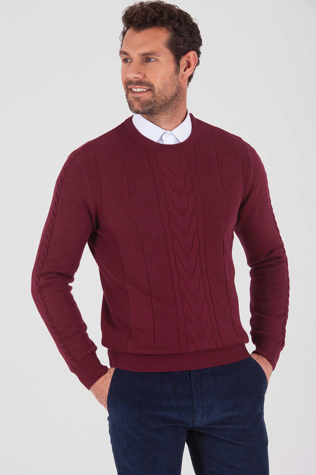 Regular Fit Cotton Blend Burgundy Crewneck Sweater