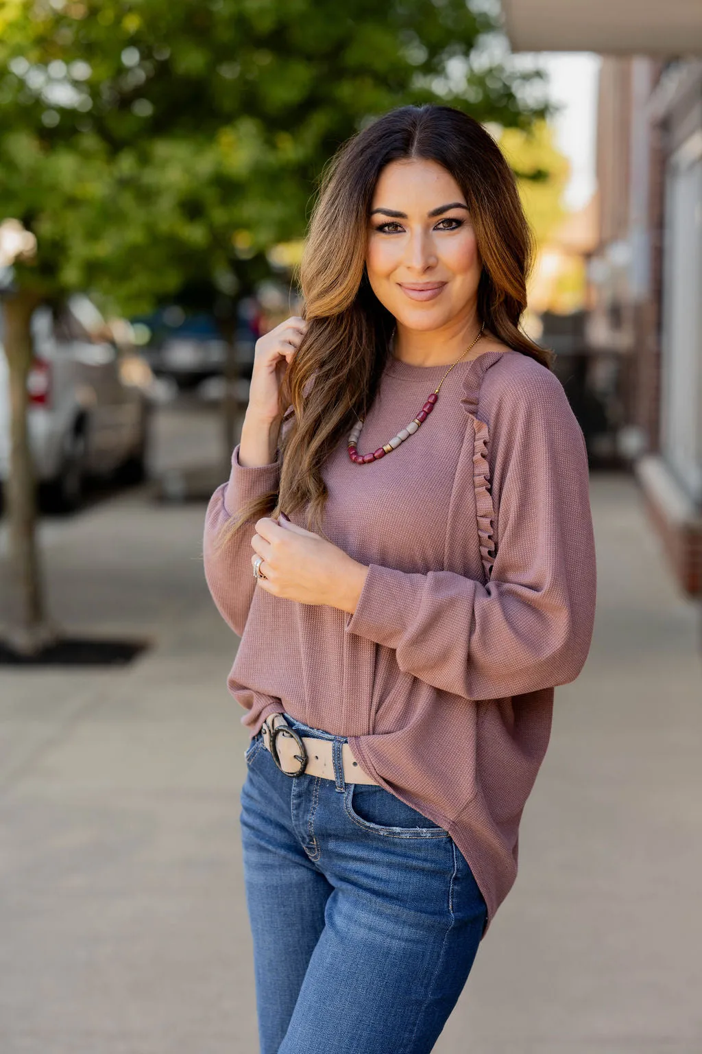 Ruffle Accented Thermal Tee