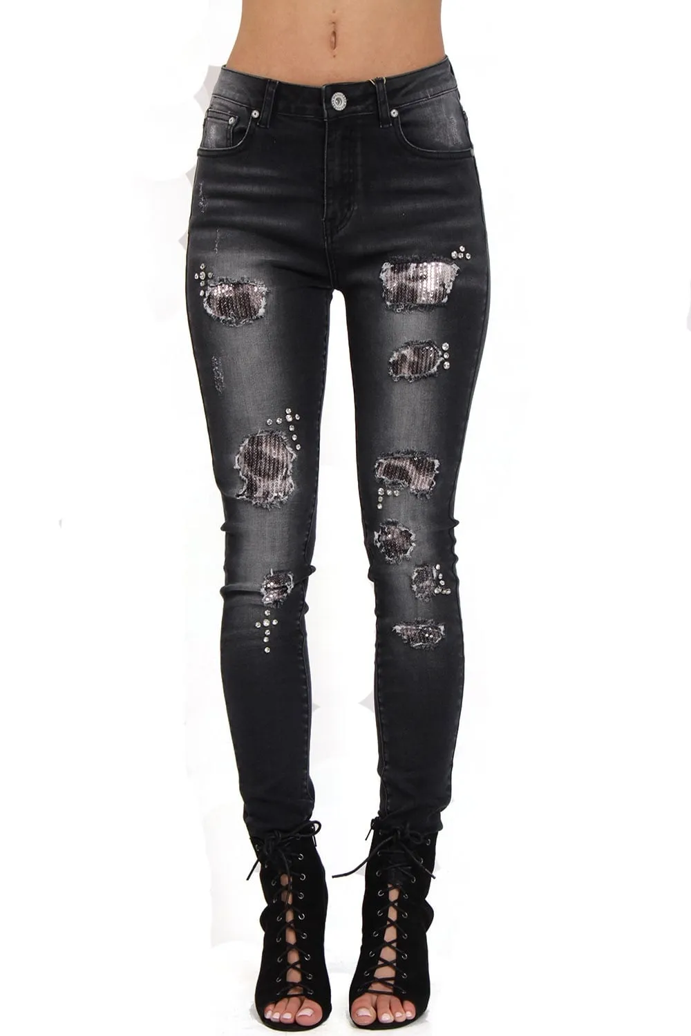 Sequin Leopard Print Ripped Knee High Waist Skinny Jeans