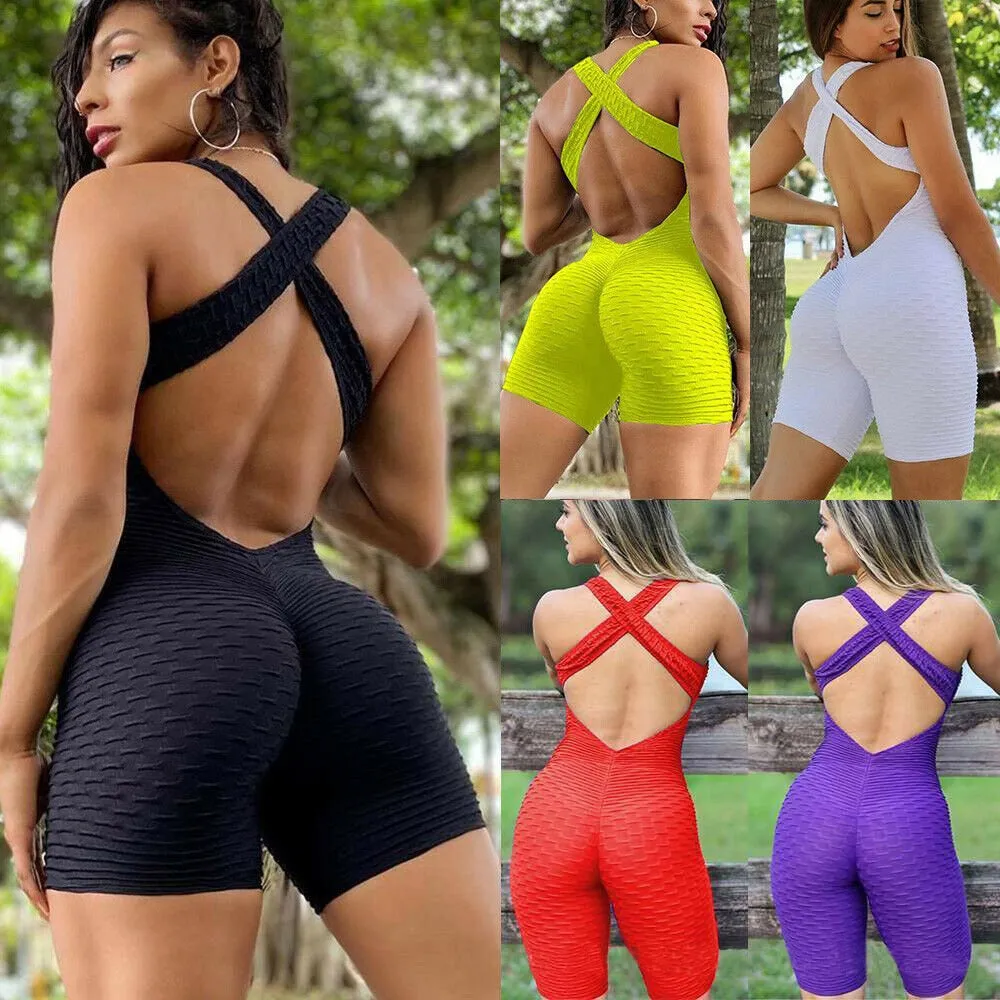 Sexy Backcross Women Bodysuit Sleeveless Textured Jumpsuit - Women One Piece Gym Sport Workout Fitness Rompers For Female Summer (2U24)(BAP)(TBL)