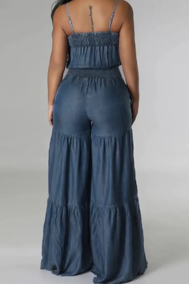 Sexy Casual Solid Backless Spaghetti Strap Sleeveless Regular Denim Jumpsuits