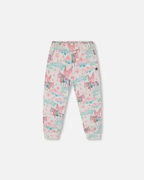 Shiny French Terry Sweatpants Gray Mix Printed Unicorn