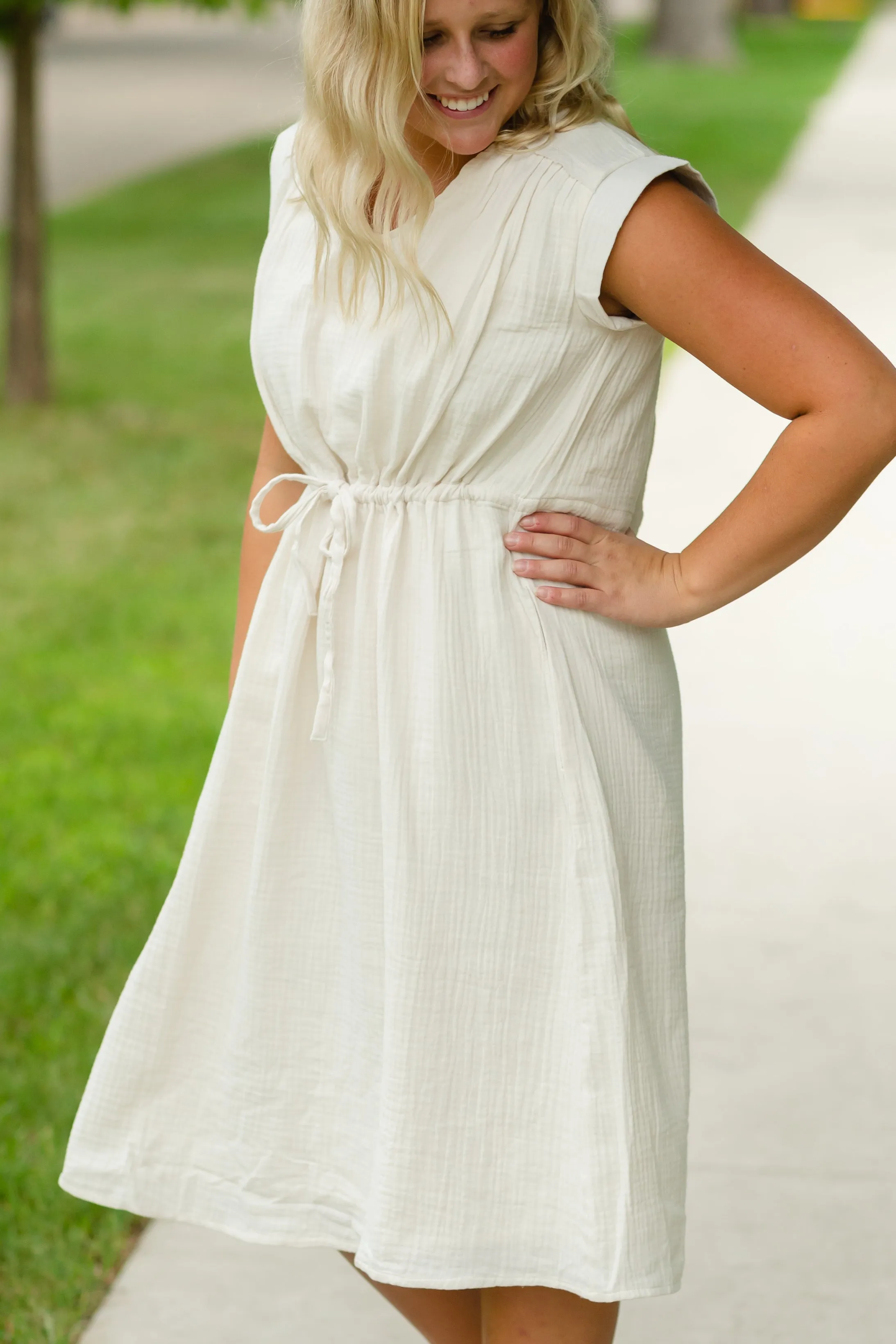 Short Sleeve Lined Tie Waist Midi Dress - FINAL SALE