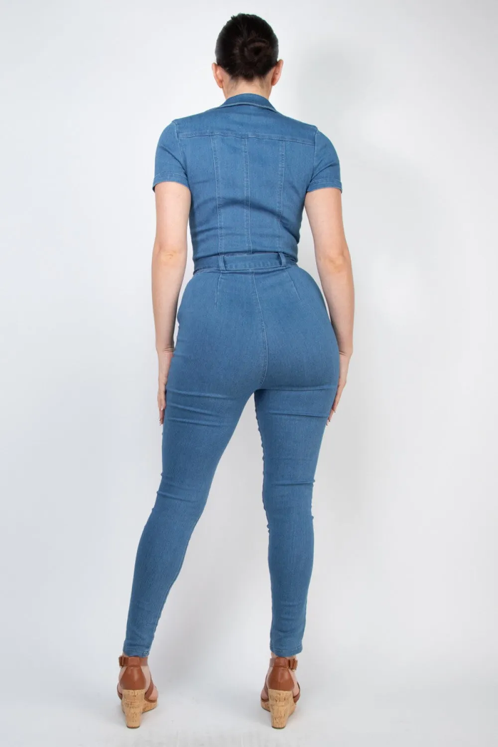 SIB Denim Waist Tie Zip Up Jumpsuit