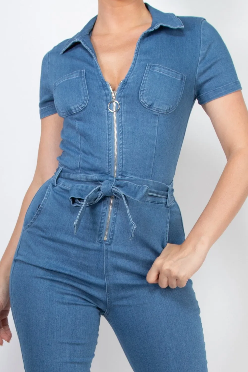 SIB Denim Waist Tie Zip Up Jumpsuit