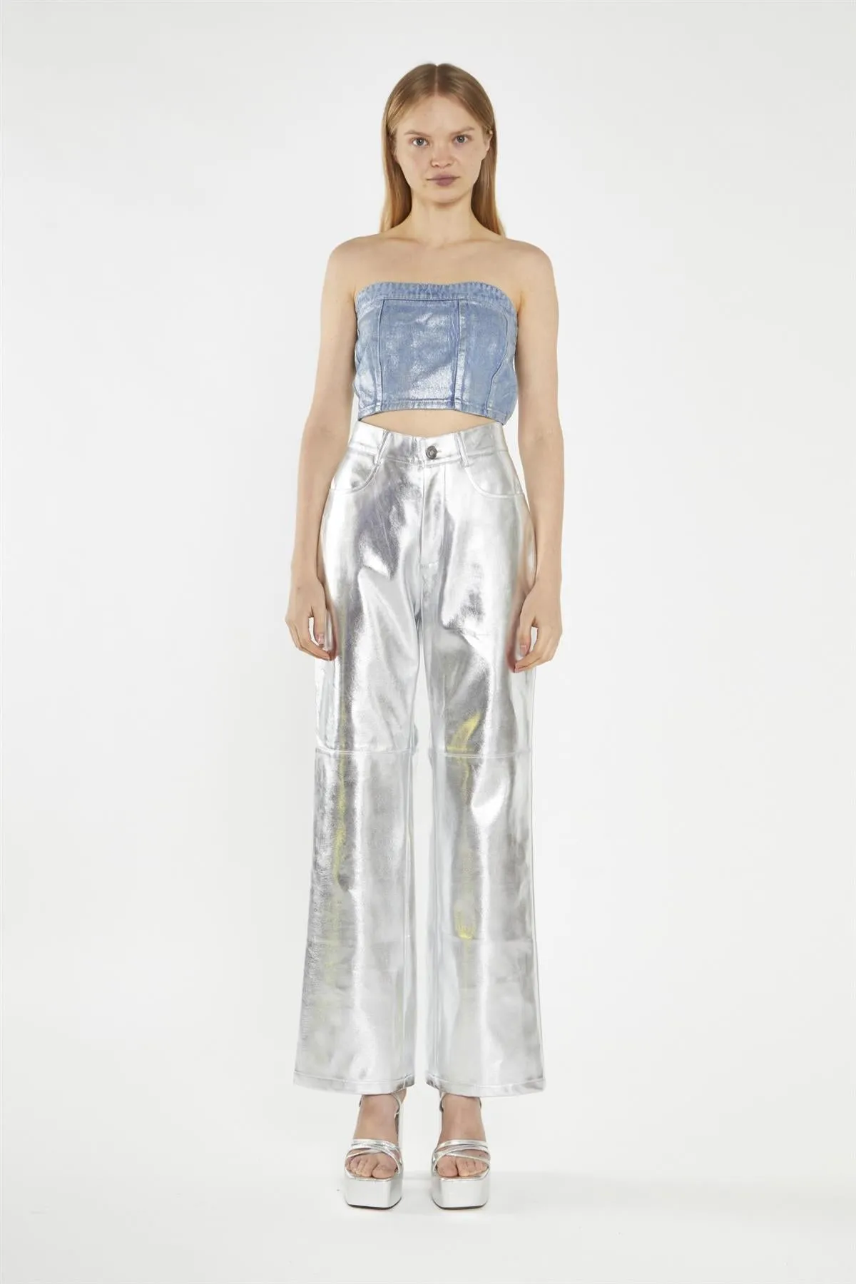 Silver-Pu Wide-Leg Crop-Trousers