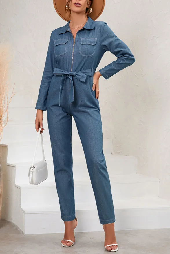 Slim Denim Long Sleeve Workwear Jumpsuit