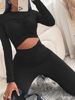 Smocked Long Sleeve Waist Hollow Skinny Jumpsuit