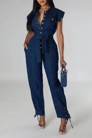 Snap Button Lacing Belted Denim Jumpsuit