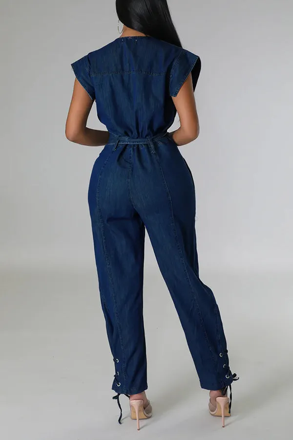 Snap Button Lacing Belted Denim Jumpsuit