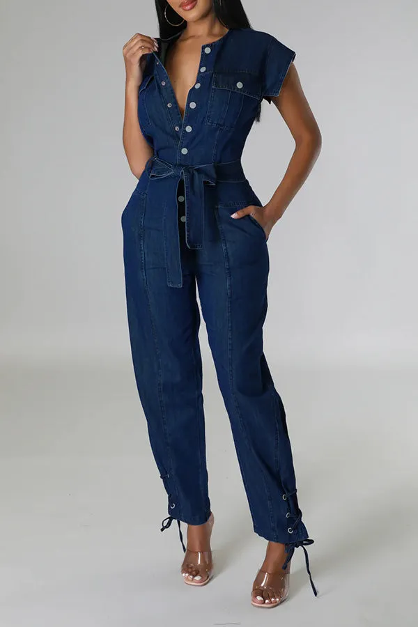 Snap Button Lacing Belted Denim Jumpsuit