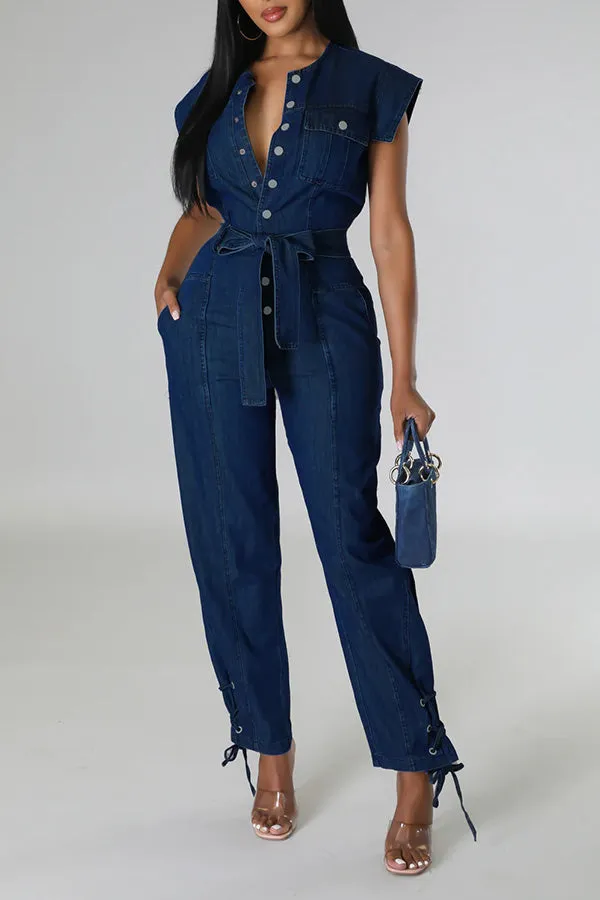 Snap Button Lacing Belted Denim Jumpsuit