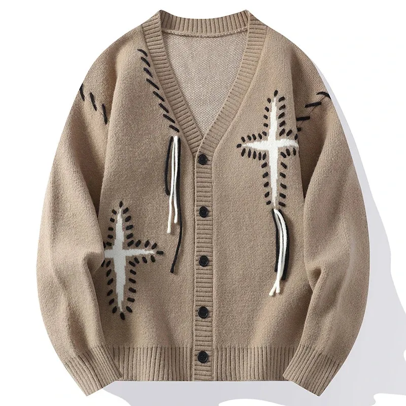 Solid Contrast Star Knitted Patchwork Cardigan