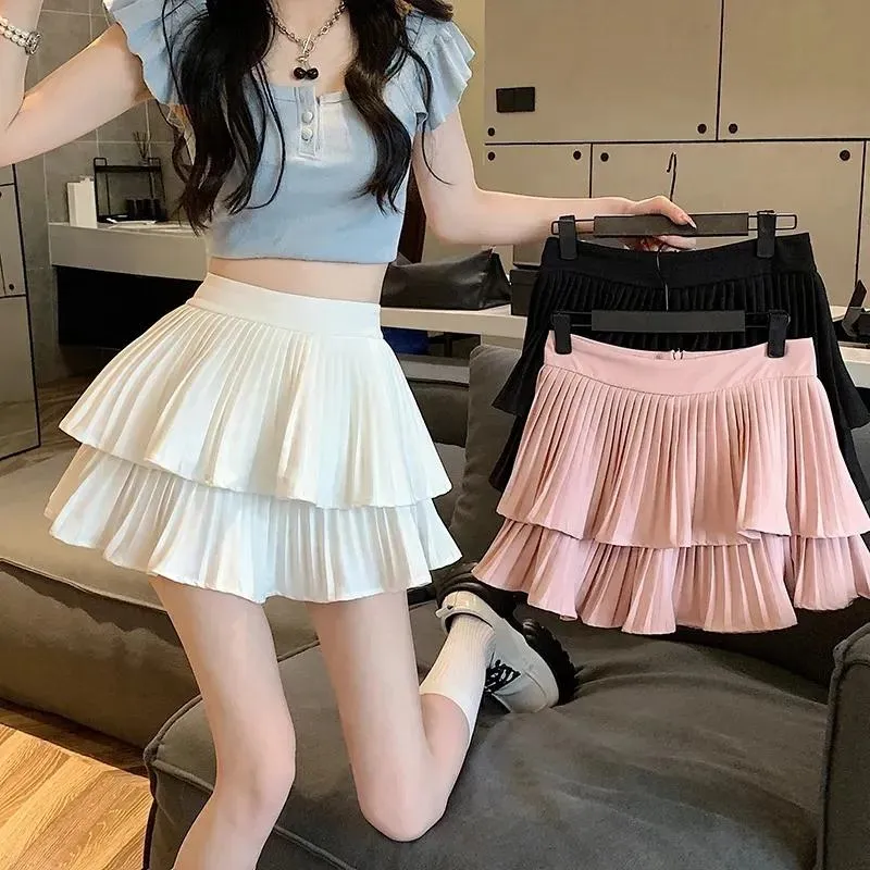 Solid Elastic Waist Double Layer Pleated A-Line Skirt