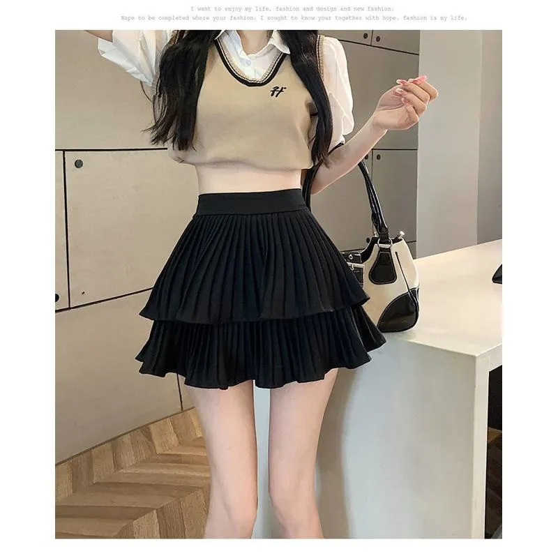 Solid Elastic Waist Double Layer Pleated A-Line Skirt