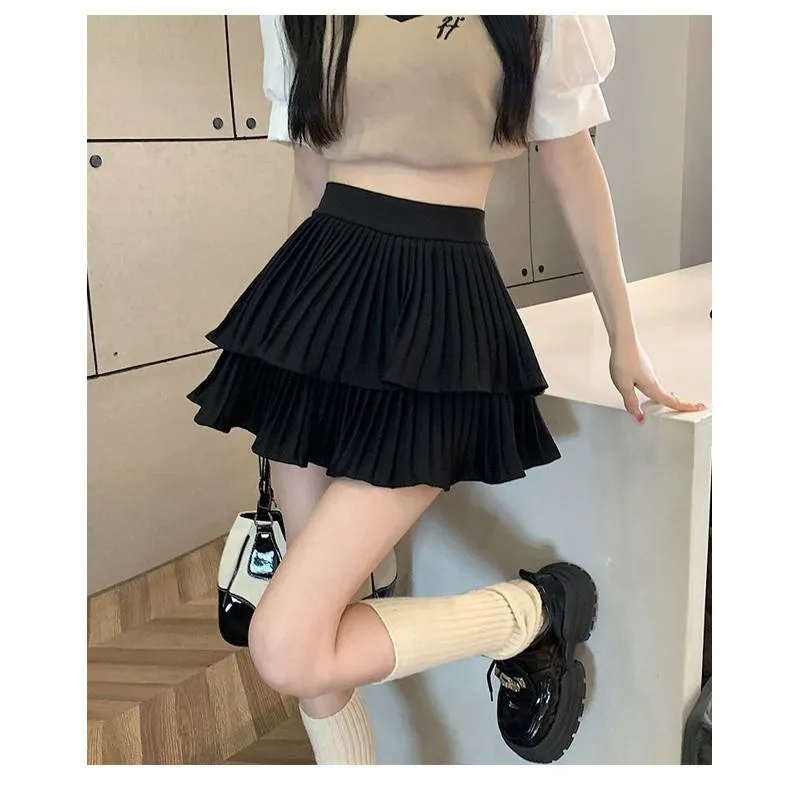 Solid Elastic Waist Double Layer Pleated A-Line Skirt