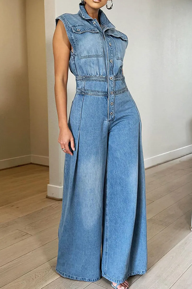 Street Solid Patchwork Pocket Buckle Turndown Collar Sleeveless High Waist Loose Denim Jumpsuits