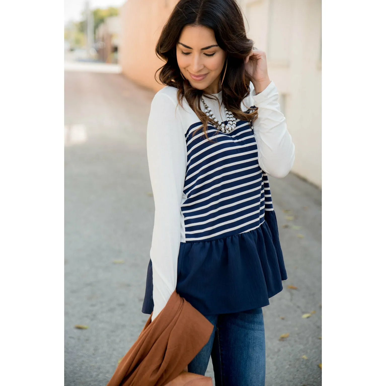 Striped Front Blouse Bottom Tee