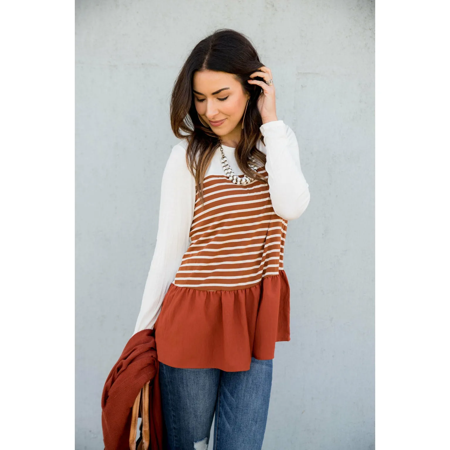 Striped Front Blouse Bottom Tee