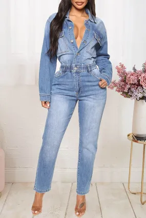 Stylish Lapel Pocket Denim Jumpsuit