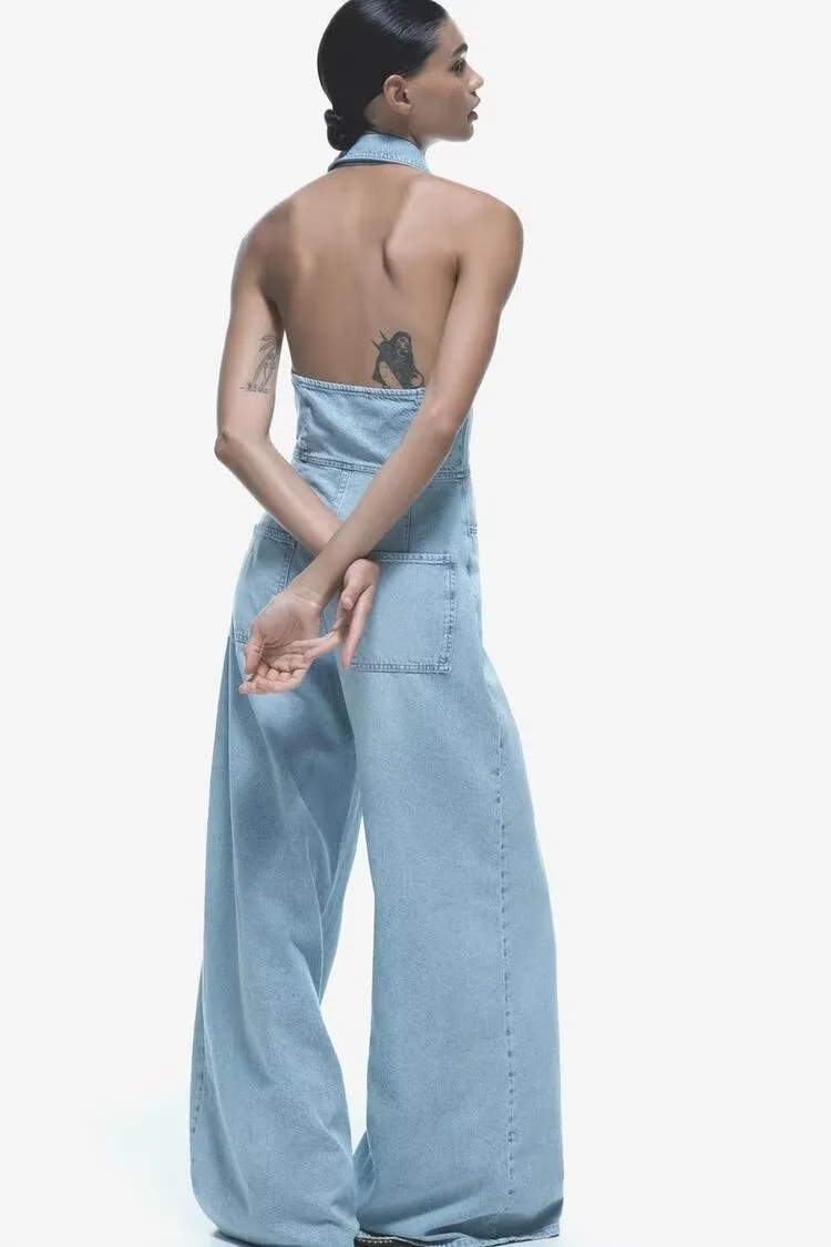 Summer Women Street Denim Halter Jumpsuit