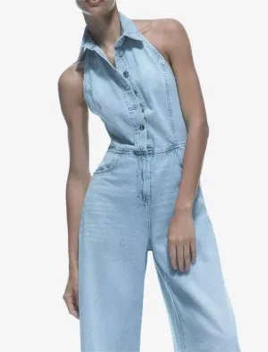 Summer Women Street Denim Halter Jumpsuit