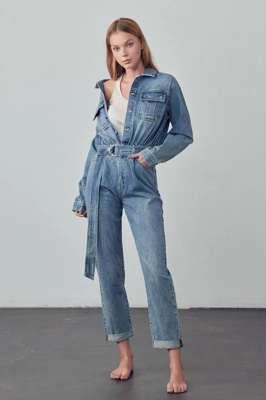 TEEK - Belted Collared Button Front Denim Jumpsuit