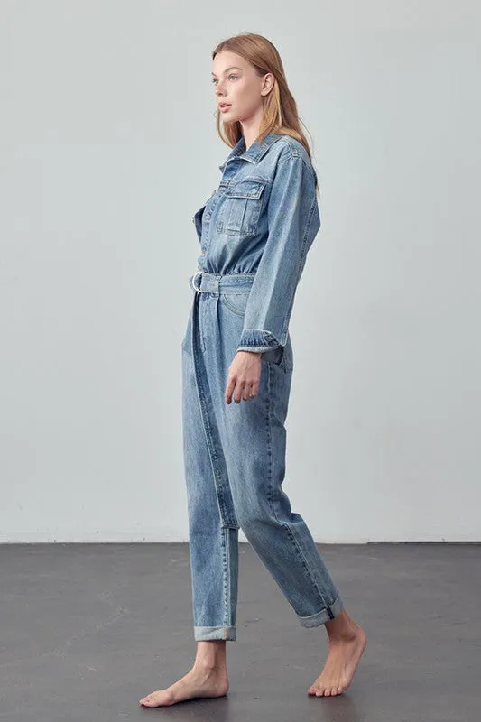 TEEK - Belted Collared Button Front Denim Jumpsuit