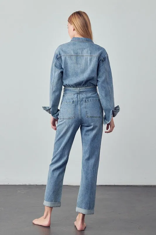 TEEK - Belted Collared Button Front Denim Jumpsuit