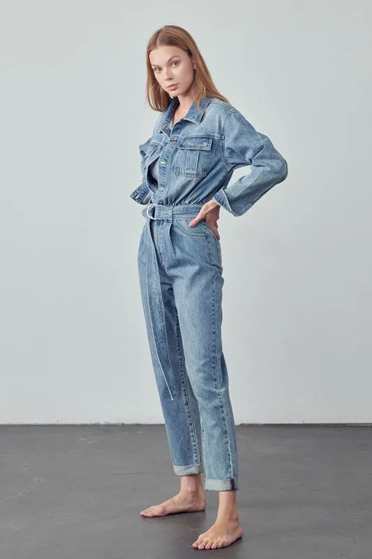 TEEK - Belted Collared Button Front Denim Jumpsuit