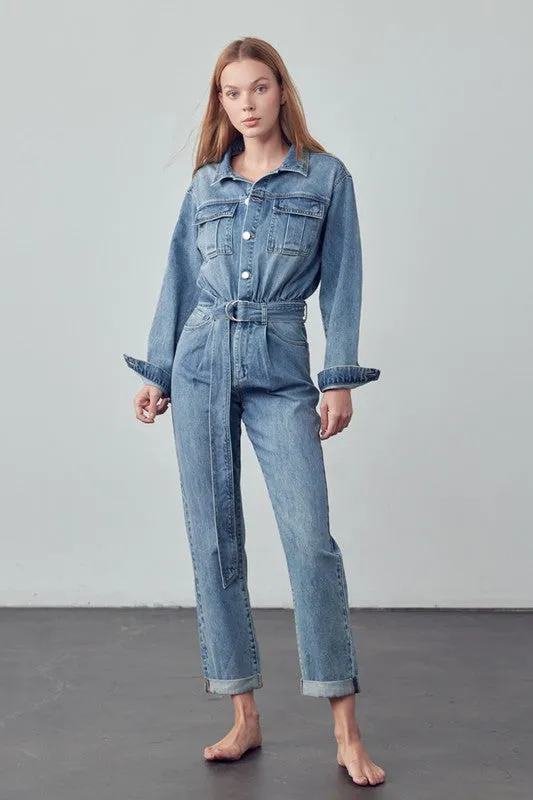 TEEK - Belted Collared Button Front Denim Jumpsuit