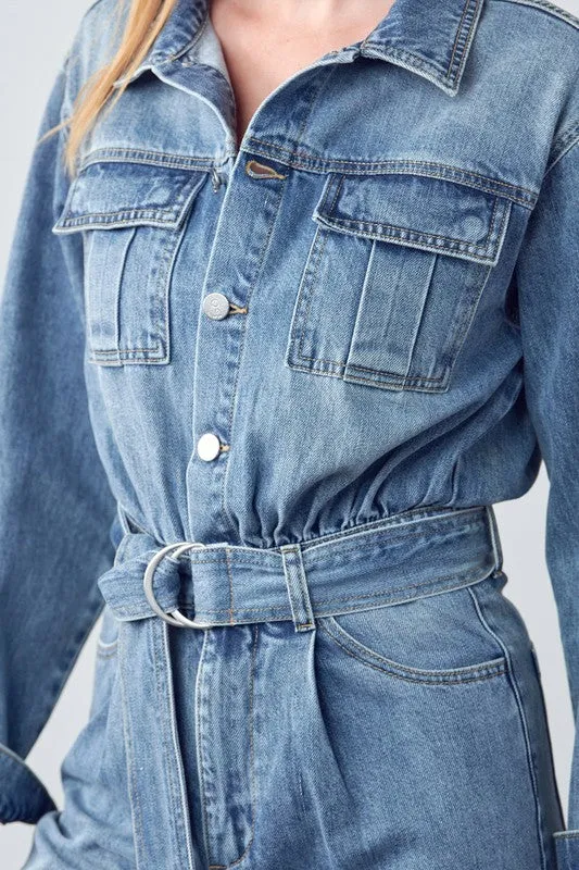 TEEK - Belted Collared Button Front Denim Jumpsuit