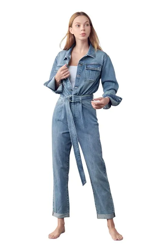 TEEK - Belted Collared Button Front Denim Jumpsuit