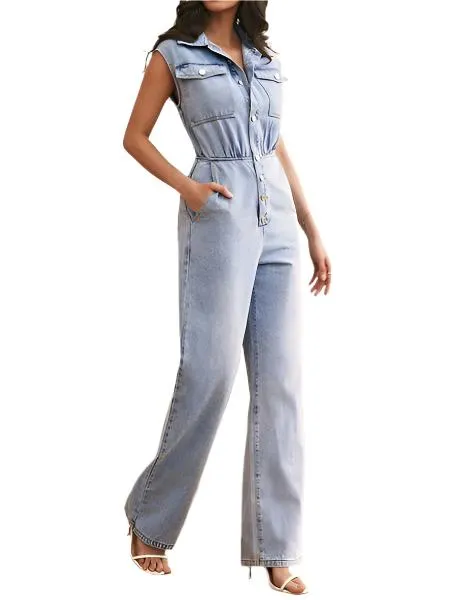 TEEK - Blue Sleeveless Button Front Slimming Jumpsuits