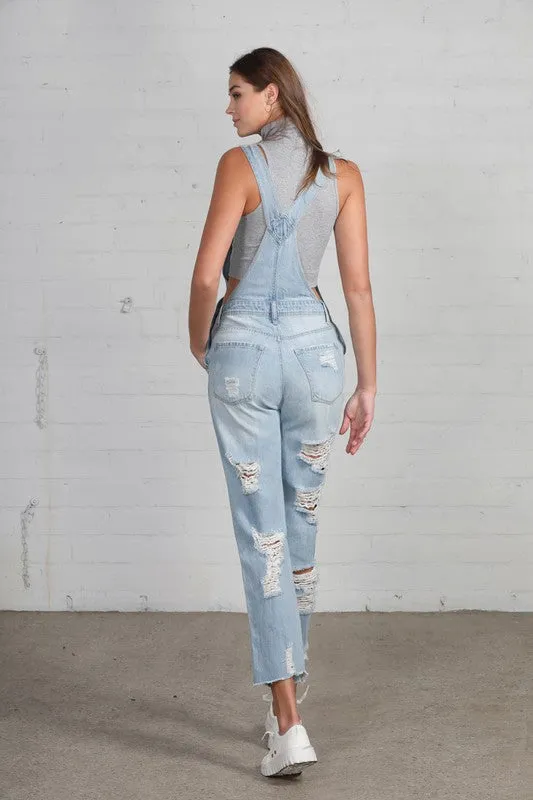 TEEK - Light Wash High Waist Heavy Distressed Straight Overalls