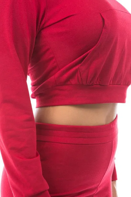 TEEK - RED BACK BOTTOM TIE CROP HOODIE TWO PIECE SET