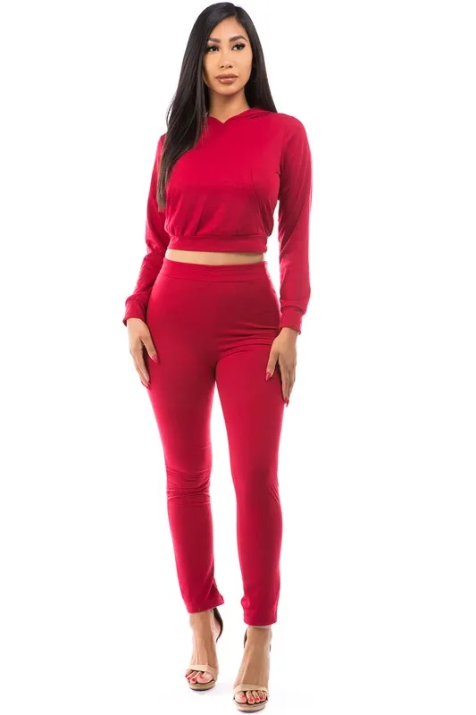 TEEK - RED BACK BOTTOM TIE CROP HOODIE TWO PIECE SET