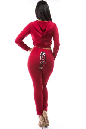 TEEK - RED BACK BOTTOM TIE CROP HOODIE TWO PIECE SET