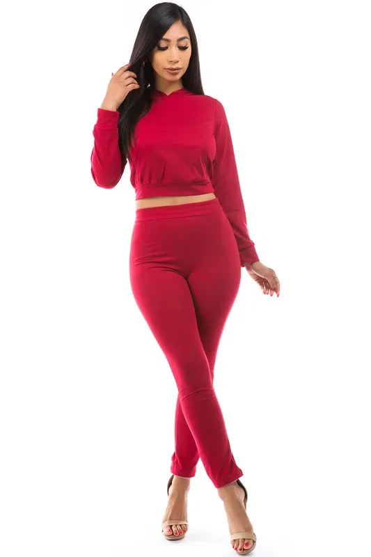 TEEK - RED BACK BOTTOM TIE CROP HOODIE TWO PIECE SET