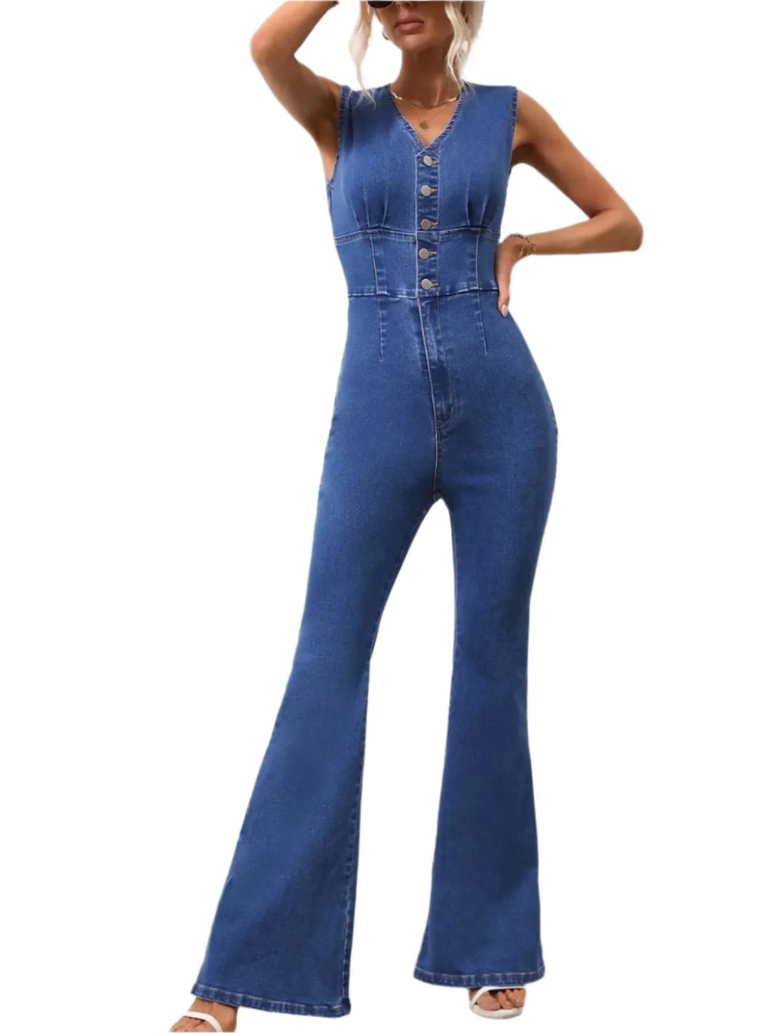 TEEK - V-Neck Sleeveless Dark Wash Denim Jumpsuit