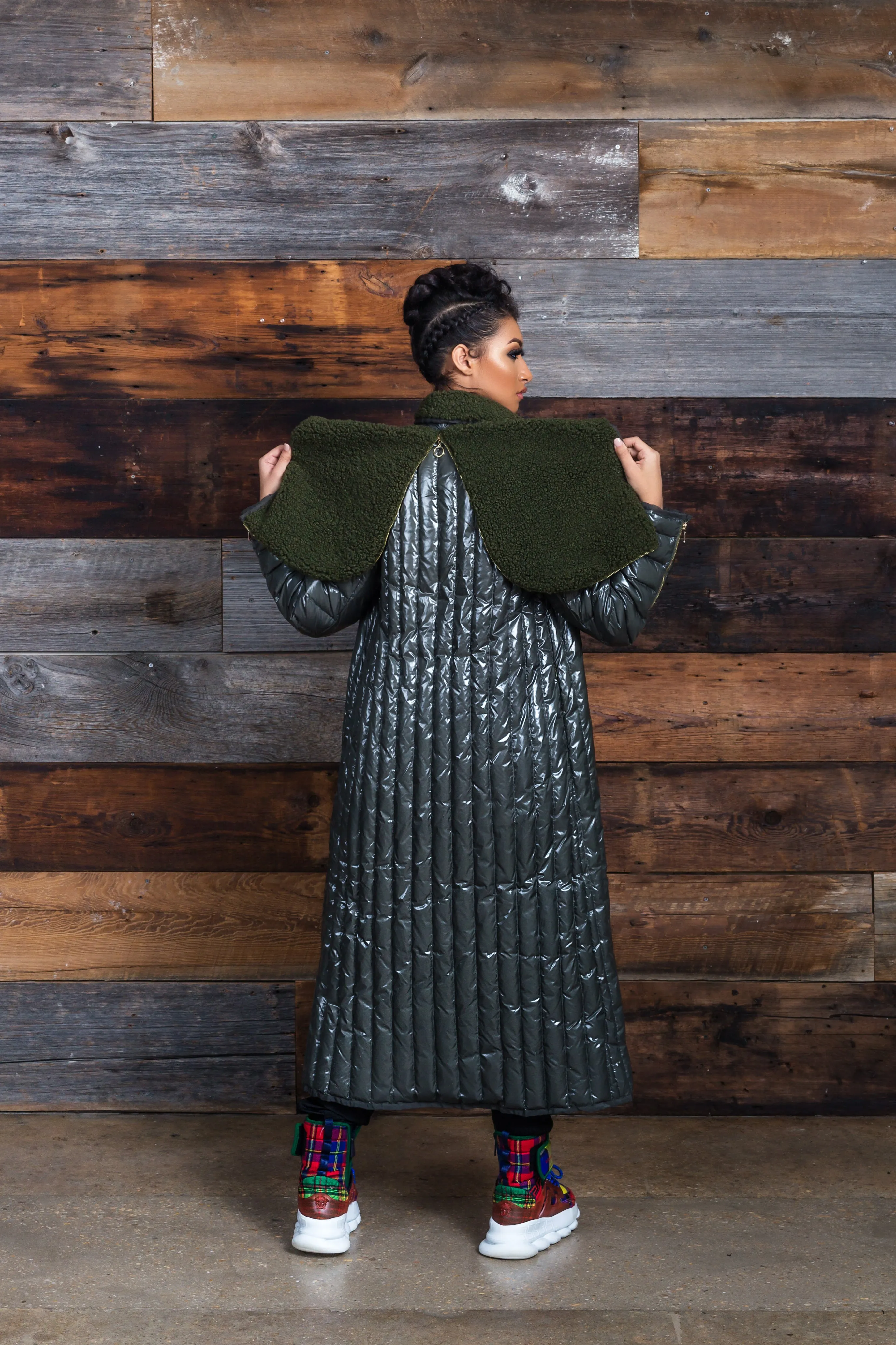 Three - Way Mint Olive "Stripped" Bubble Coat