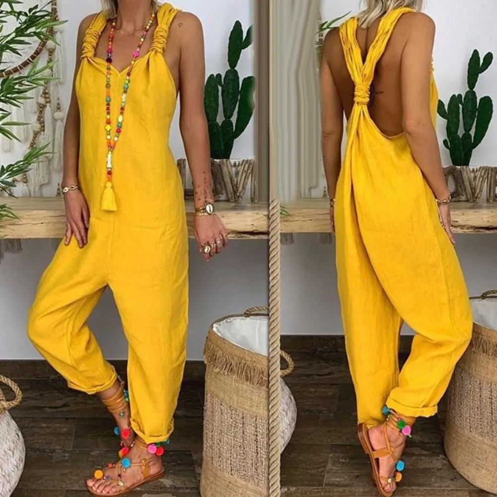 Trendy Sleeveless Comfy Overalls Knotted Jumpsuit