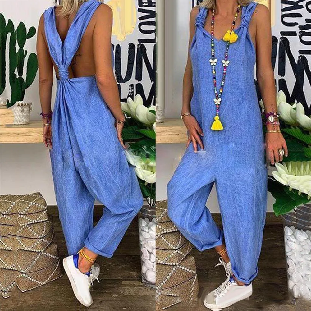 Trendy Sleeveless Comfy Overalls Knotted Jumpsuit