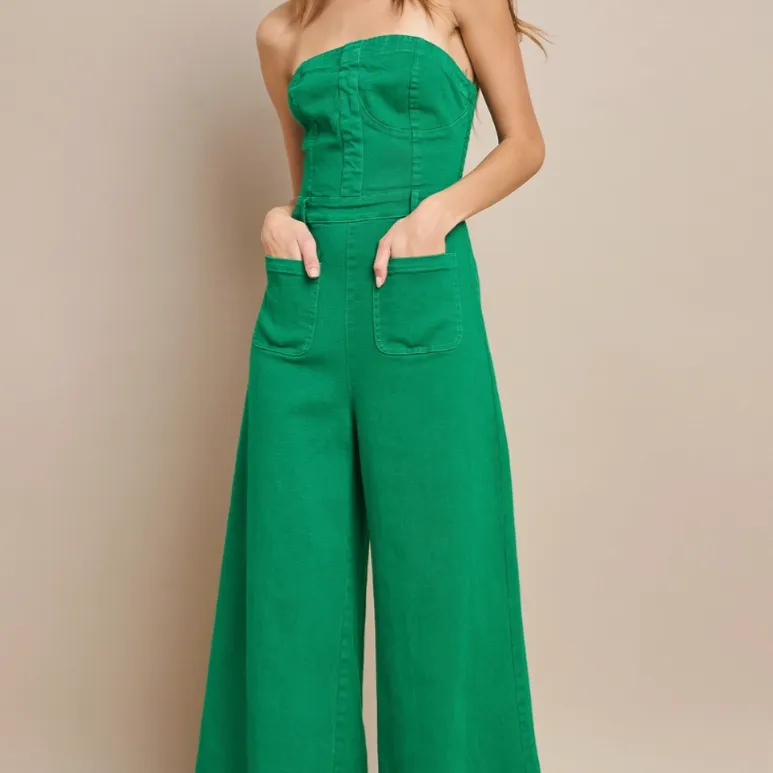 Tristan Strapless Wide Leg Denim Jumpsuit