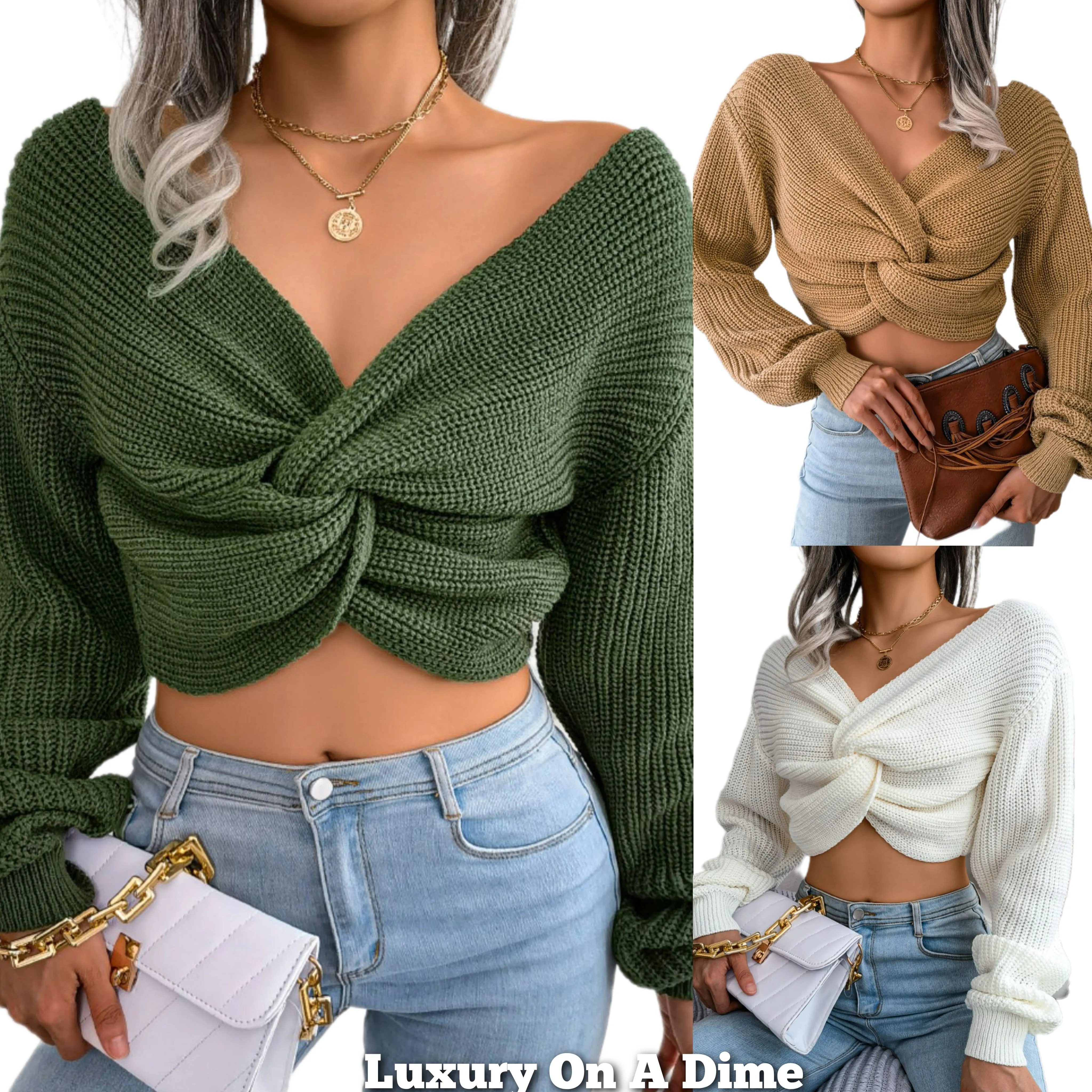 Twist Knot Waffle Knit Sweater Wrap Crop Top Long Sleeve V-neck Shirt