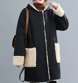 Two Ways Wear Women Casual  Coat Loose Hooded Lamb Wool Plus Size Short Coat Jacket