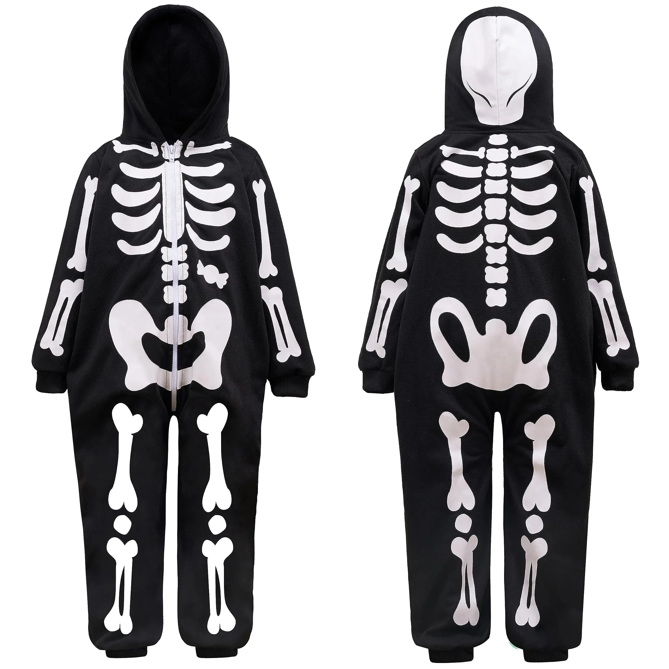 Unisex Skeleton Jumpsuit Pajama Toddler, Plush Zip-Up Black Hooded